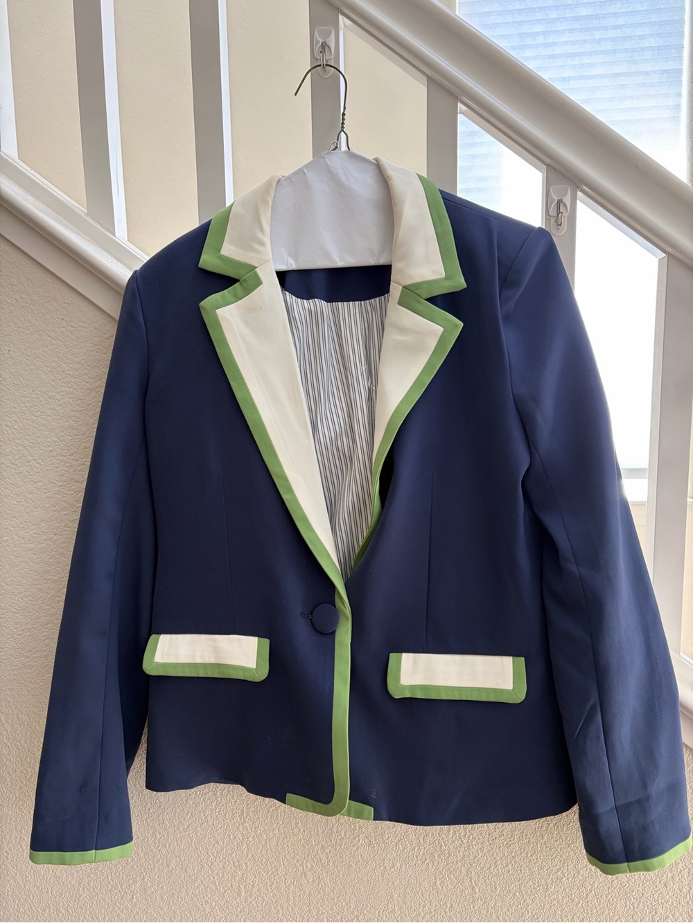 Mauve by Anthropologie French Navy Blazer with White & Green Trim Sz XS - Picture 5 of 9